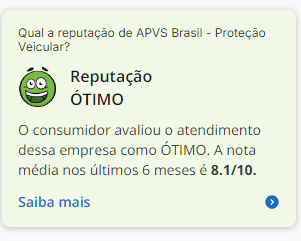 Reputação Ótima APVS Brasil no Reclame Aqui — nota média 8,1 em seis meses