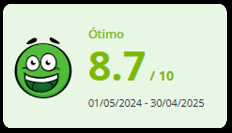 Selo de reputação Ótima no Reclame Aqui com nota 8,7 de 10 — exemplo verificável de desempenho